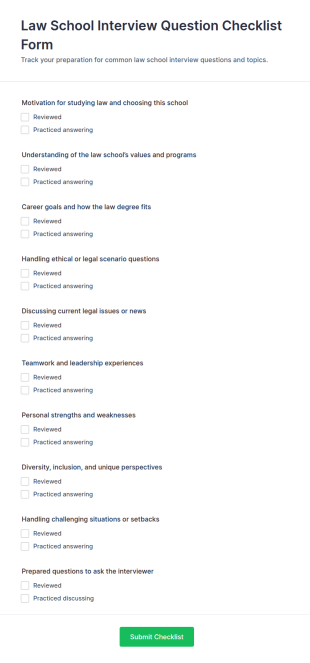 Law School Interview Question Checklist Form Template