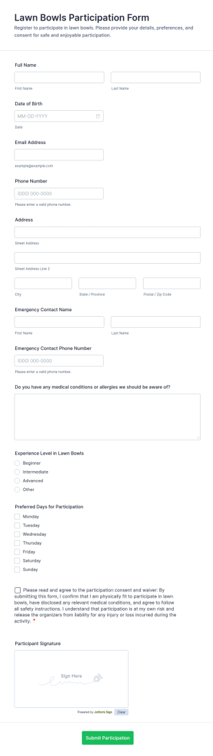 Lawn Bowls Participation Form Template
