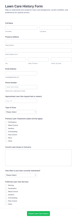 Lawn Care History Form Template