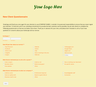 Lawn Care/Landscaping New Client Questionnaire Form Template