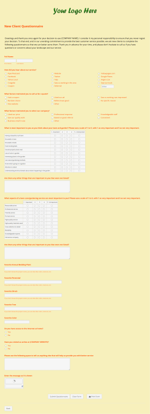 Lawn Care/Landscaping New Client Questionnaire Form Template