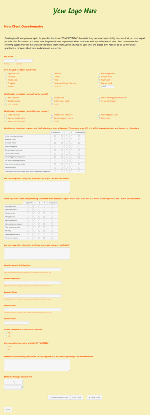 Lawn Care/Landscaping New Client Questionnaire Form Template