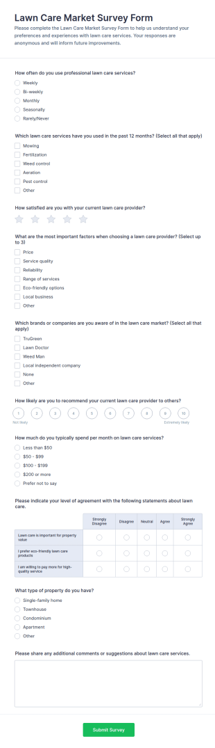 Lawn Care Market Survey Form Template