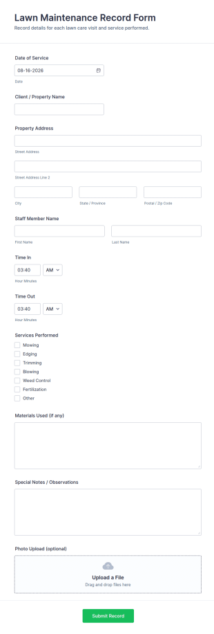 Lawn Maintenance Record Form Template