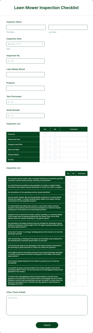 Lawn Mower Inspection Checklist Form Template