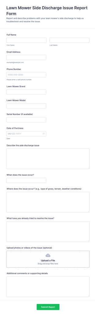 Lawn Mower Side Discharge Issue Report Form Template