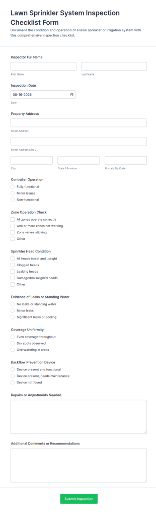 Lawn Sprinkler System Inspection Form Template