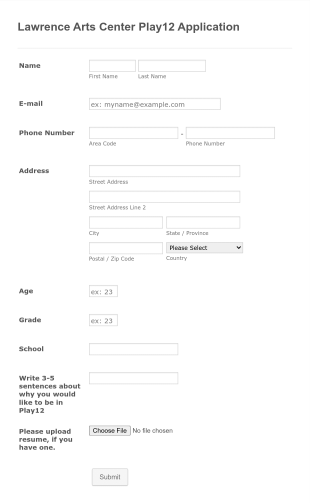 Lawrence Arts Center Play12 Application Form Template