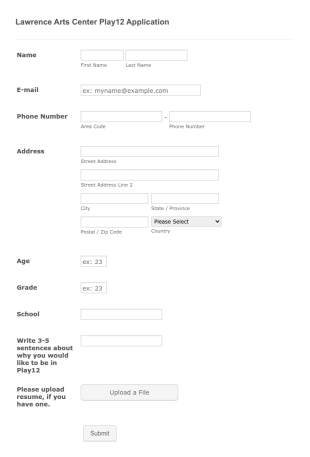 Lawrence Arts Center Play12 Application Form Template
