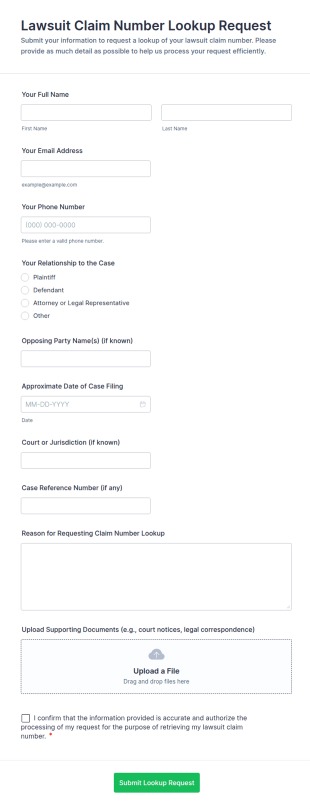 Lawsuit Claim Number Lookup Request Form Template