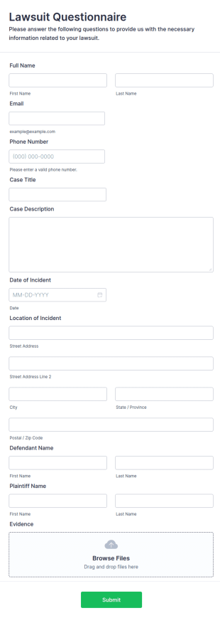 Lawsuit Questionnaire Form Template