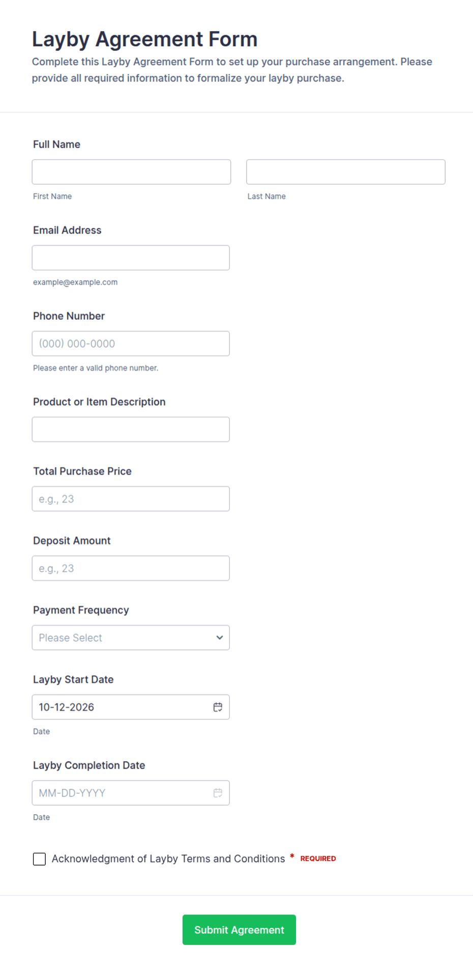 Layby Agreement Form Template | Jotform
