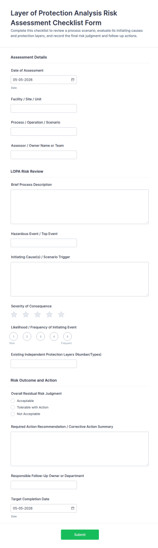 Layer Of Protection Analysis (LOPA) Risk Assessment Checklist Form Template