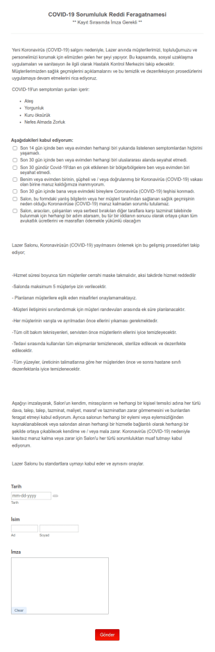 Lazer COVID 19 Sorumluluk Reddi Feragatnamesi Form Şablonu