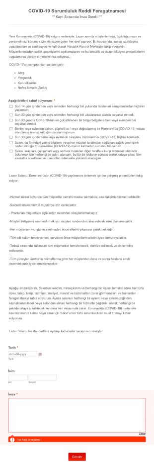 Lazer COVID 19 Sorumluluk Reddi Feragatnamesi Form Şablonu