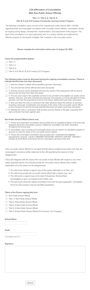 LEA Affirmation Of Consultation With Non Public School Officials Form Template