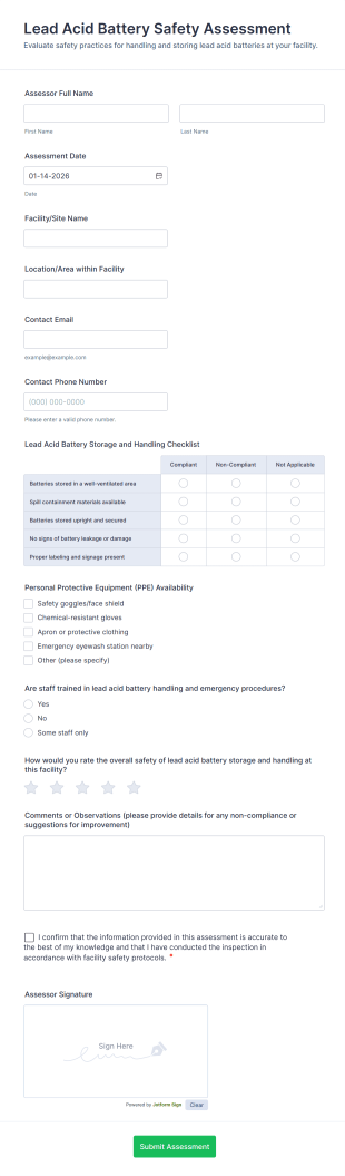 Lead Acid Battery Safety Assessment Form Template