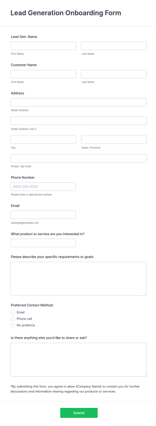 Lead Generation On Boarding Form Template