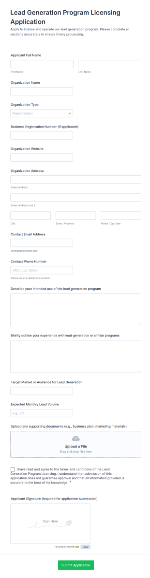Lead Generation Program Licensing Application Form Template