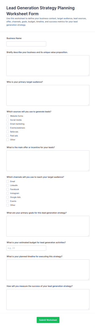 Lead Generation Strategy Planning Worksheet Form Template