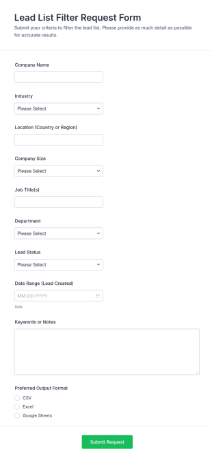 Lead List Filter Request Form Template