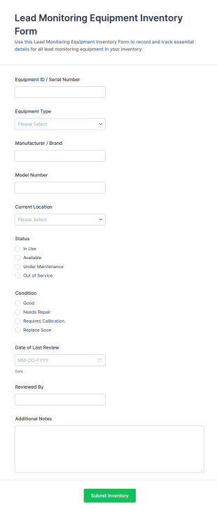 Lead Monitoring Equipment Inventory Form Template