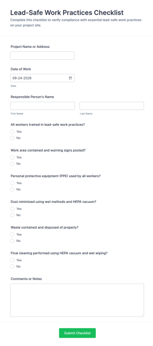 Lead Safe Work Practices Checklist Form Template