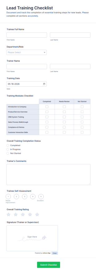Lead Training Checklist Form Template