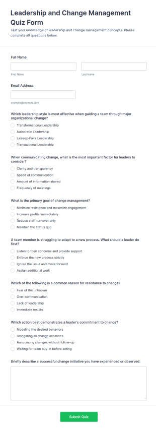 Leadership And Change Management Quiz Form Template