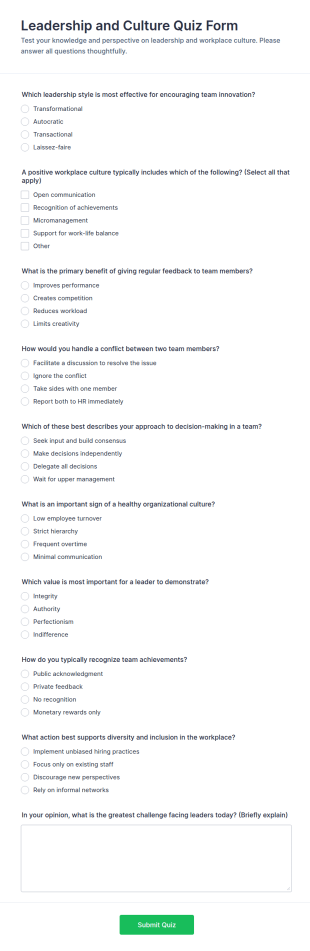 Leadership And Culture Quiz Form Template