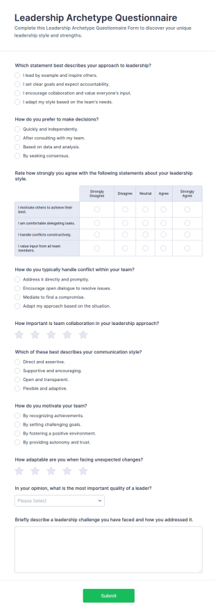 Leadership Archetype Questionnaire Form Template