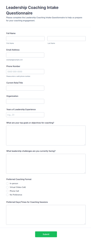 Leadership Coaching Intake Questionnaire Form Template
