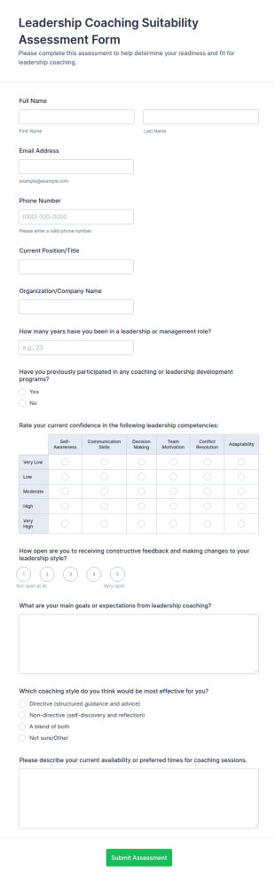 Leadership Coaching Suitability Assessment Form Template