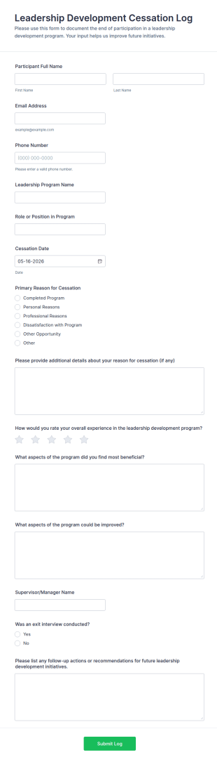 Leadership Development Cessation Log Form Template