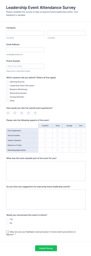Leadership Event Attendance Survey Form Template