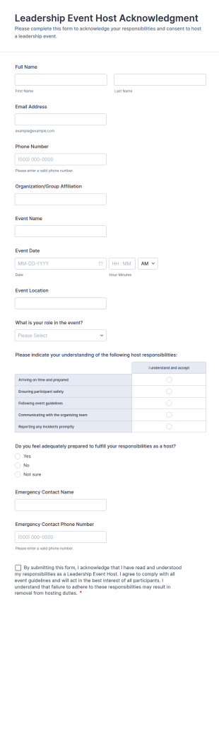 Leadership Event Host Acknowledgment Form Template