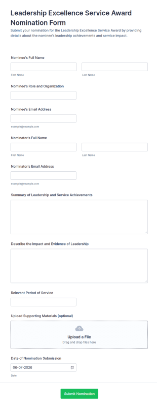 Leadership Excellence Service Award Nomination Form Template