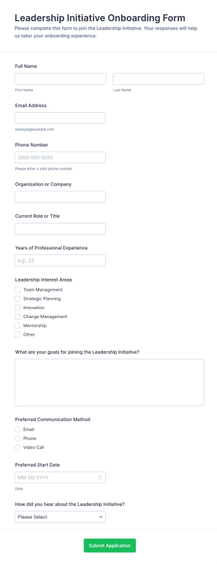 Leadership Initiative Onboarding Form Template