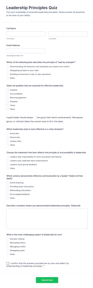 Leadership Principles Quiz Form Template