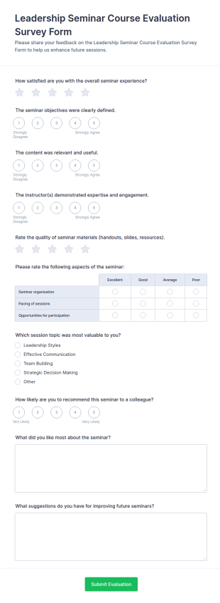 Leadership Seminar Course Evaluation Survey Form Template