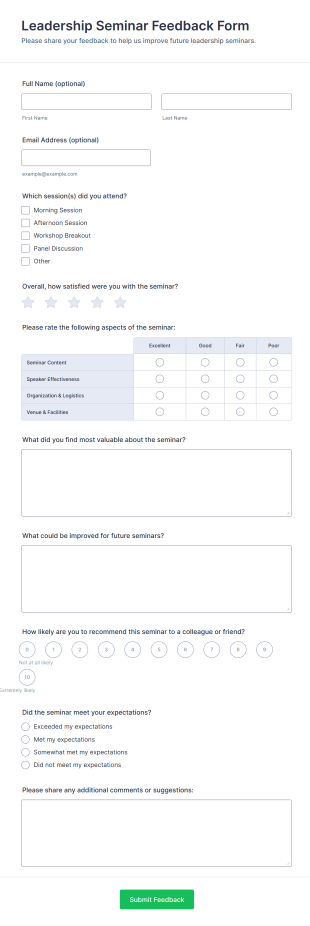 Leadership Seminar Feedback Form Template