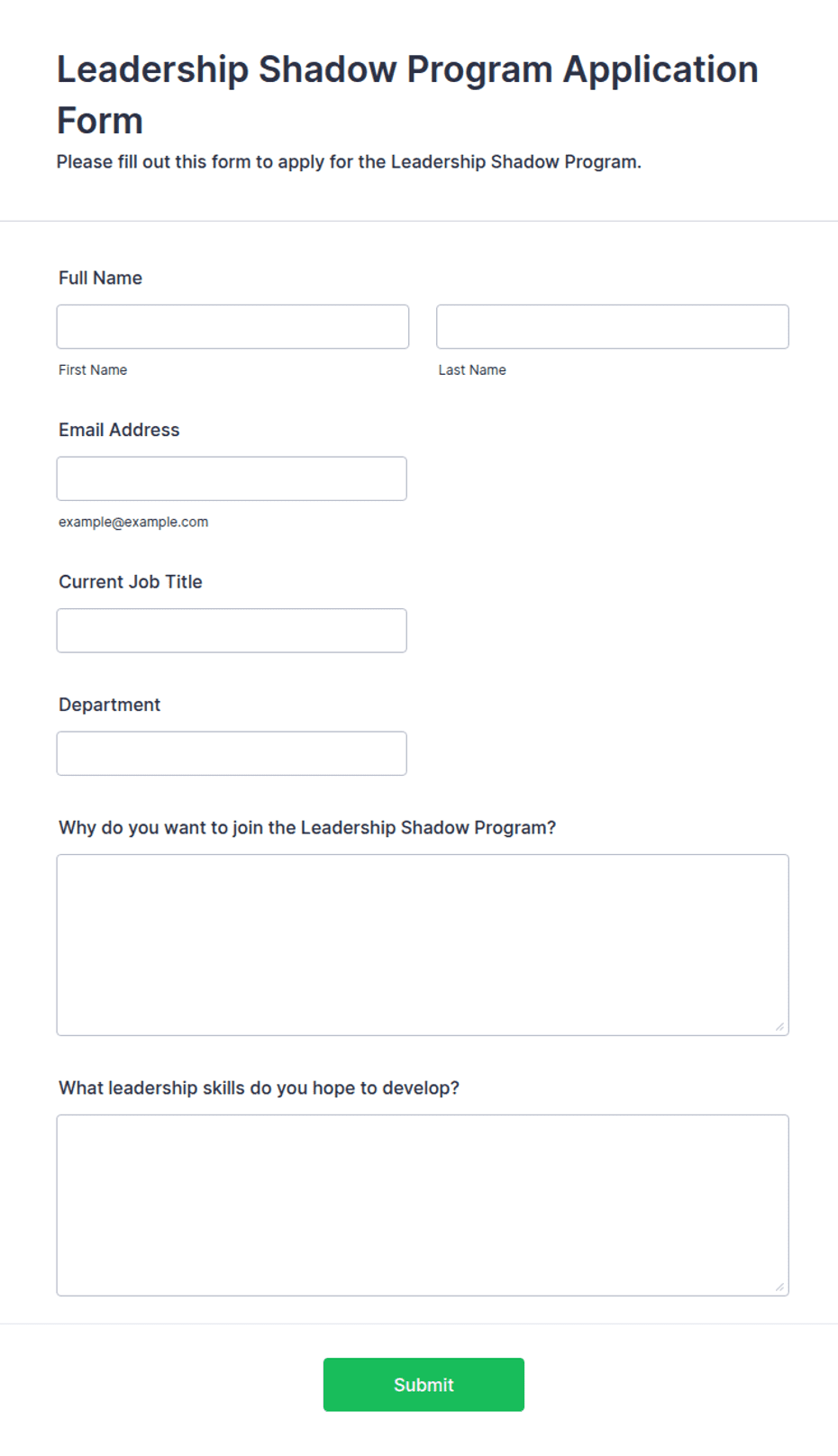 Shadow Program Platform Examples Leadership Shadow Program Application Form Template | Jotform