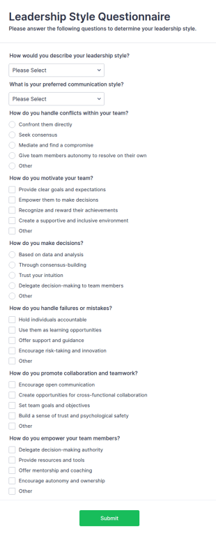 Leadership Style Questionnaire Form Template
