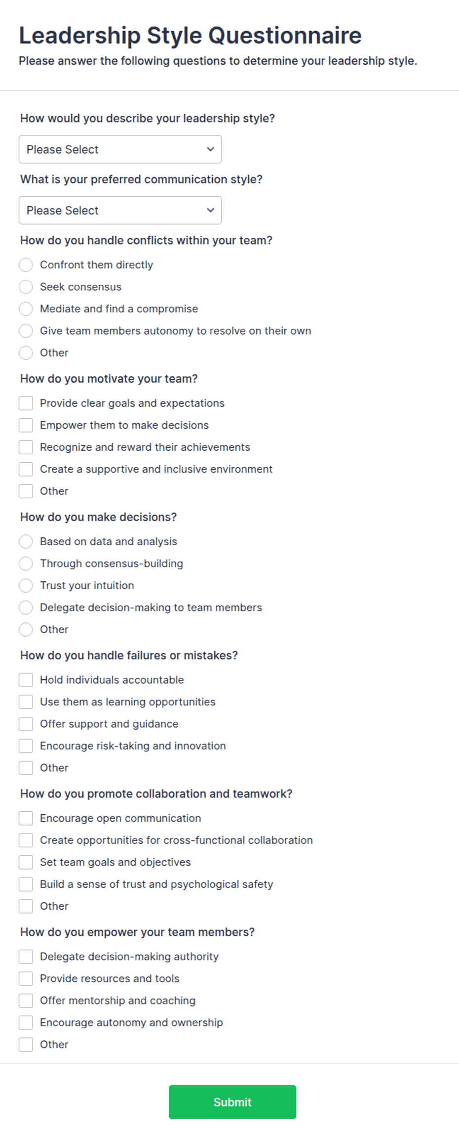 Leadership Questionnaire Examples Leadership Style Questionnaire Form Template | Jotform