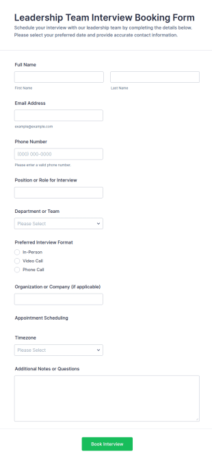 Leadership Team Interview Booking Form Template