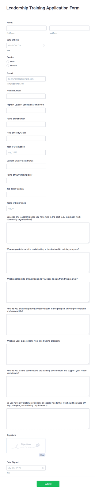 Leadership Training Application Form Template