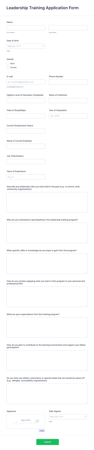 Leadership Training Application Form Template