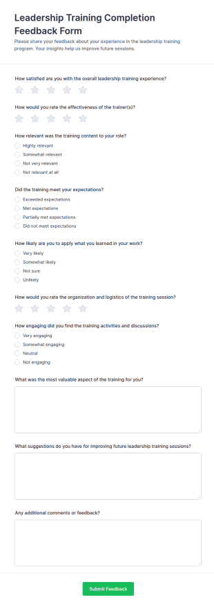 Leadership Training Completion Feedback Form Template