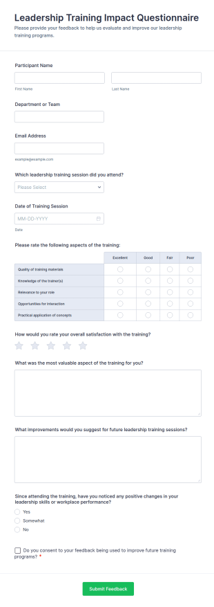 Leadership Training Impact Questionnaire Form Template