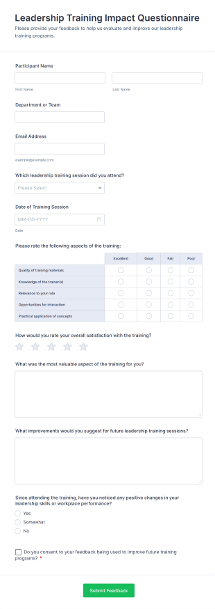 Leadership Training Impact Questionnaire Form Template